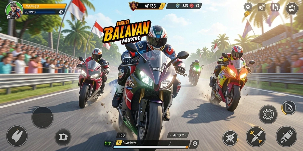 Tangkapan layar menggambarkan aksi balapan motor yang seru di API33.
