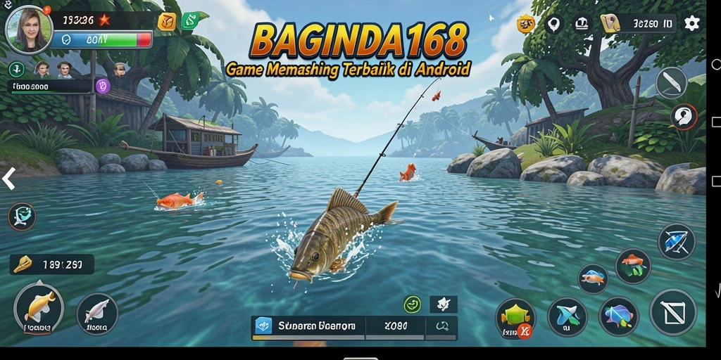 Screenshot utama menunjukkan gameplay memancing yang seru dan menantang.