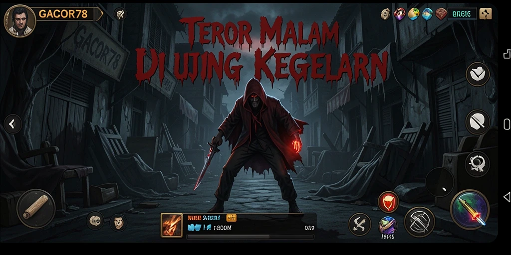 Screenshot GACOR78 menampilkan pemain yang berhadapan dengan makhluk menyeramkan di kegelapan.