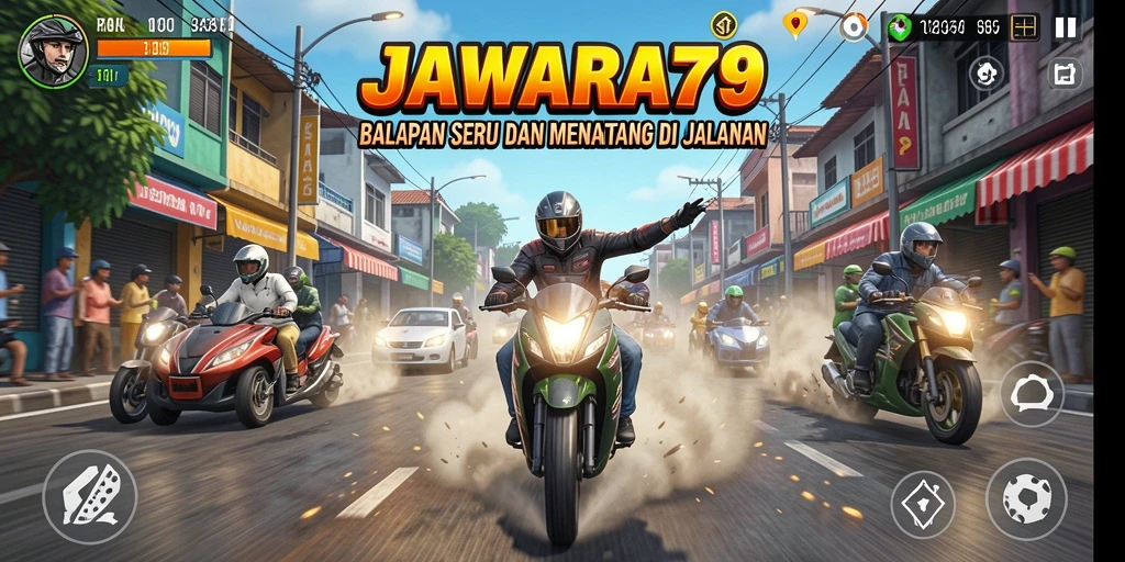 Screenshot JAWARA79 menunjukkan aksi balapan yang mendebarkan dan mendetail.