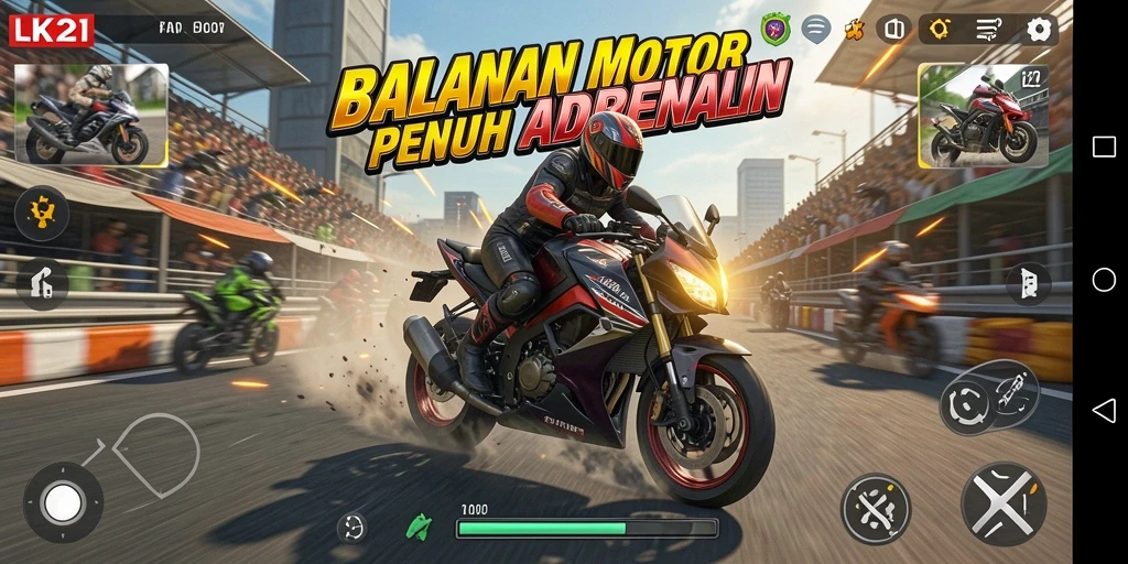 Screenshot gameplay LK21 menampilkan kecepatan dan aksi balapan motor.