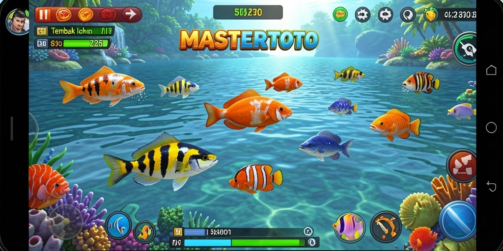 Screenshot gameplay MASTERTOTO menampilkan aksi seru menembak ikan.