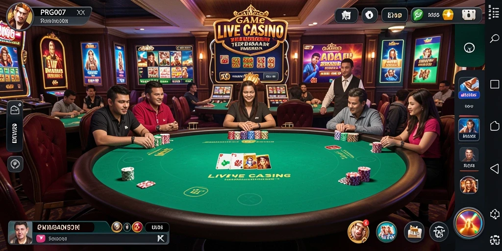 Screenshot gameplay PRG007 menunjukkan dealer live dan meja permainan yang dinamis.